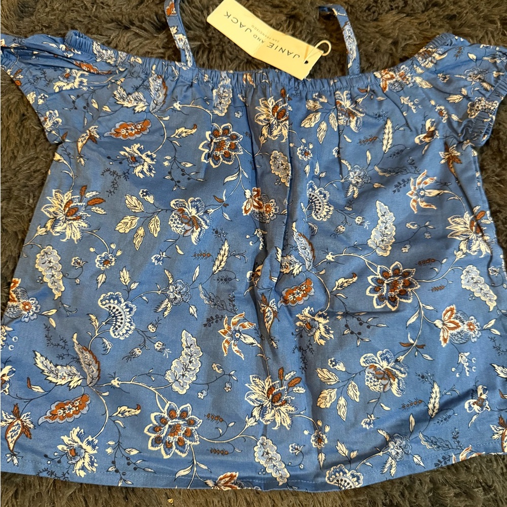 Janie and Jack Blue Floral Off-Shoulder Camisole with Orange and Cream Accents